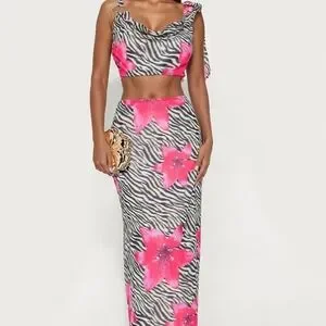 Fashion Nova Pink Floral Zebra Print Skirt Set